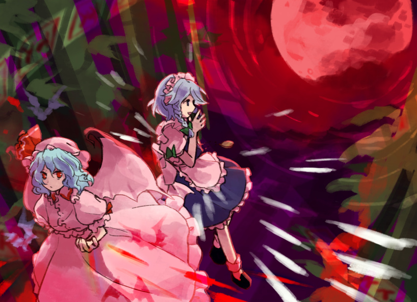 2girls apron bamboo bamboo_forest bat_wings black_footwear blood blue_dress blue_eyes blue_hair bow braid commentary_request dress forest frilled_apron frilled_shirt frilled_shirt_collar frilled_skirt frilled_sleeves frills full_moon hair_bow hat hat_ribbon imperishable_night izayoi_sakuya kaigen_1025 medium_hair mob_cap moon multiple_girls nature pink_headwear pink_shirt pink_skirt puffy_short_sleeves puffy_sleeves red_eyes red_moon red_ribbon remilia_scarlet ribbon running shirt short_sleeves skirt skirt_set sleeve_bow sleeve_ribbon socks touhou waist_apron wavy_hair white_apron white_shirt white_socks wings