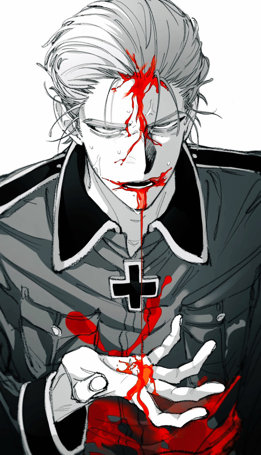 1boy axis_powers_hetalia blood blood_on_face blood_on_hands blood_on_mouth breast_pocket close-up collared_jacket cross fingernails germany_(hetalia) greek_cross half-closed_eyes hand_up hatching_(texture) highres iron_cross jacket linear_hatching long_sleeves looking_at_viewer male_focus messy_hair military_uniform monochrome naotin3333 pocket short_hair simple_background solo spot_color sweat uniform upper_body veins veiny_face