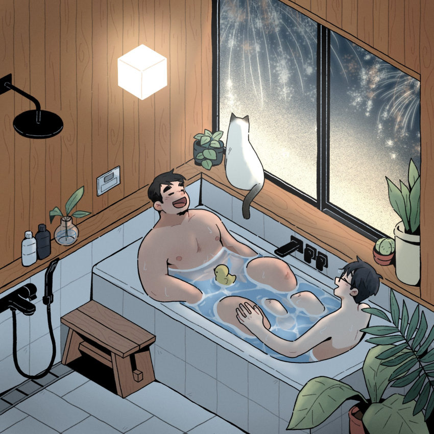 2boys bara bathing bathroom bathtub black_hair cat closed_eyes couple facial_hair faucet fireworks full_body glasses goatee hand_on_another's_knee highres indoors koong_(koong_bg) laughing male_focus multiple_boys nipples nude open_mouth original partially_submerged plant plump potted_plant rubber_duck same-sex_bathing shared_bathing short_hair shower_head size_difference skinny soap_bottle water wet window wooden_wall yaoi