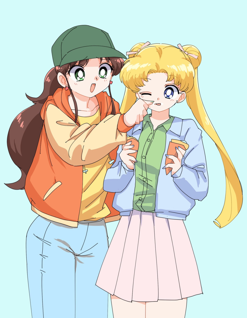 2girls baseball_cap bishoujo_senshi_sailor_moon blonde_hair blue_eyes brown_hair earrings food green_eyes hat highres holding holding_food jacket jewelry kino_makoto long_hair long_sleeves multiple_girls pants pochi_(askas_is_god) ponytail skirt tsukino_usagi twintails