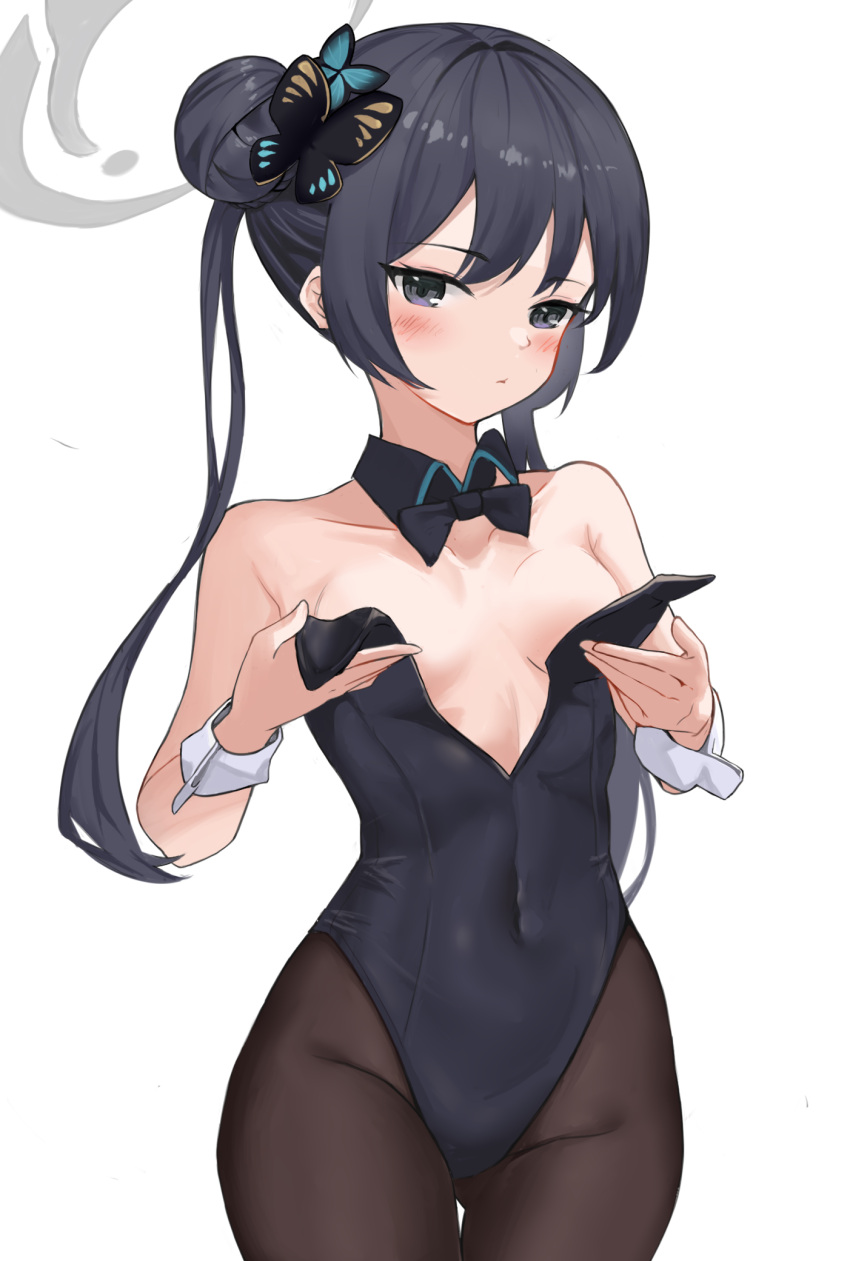 1girl ass_visible_through_thighs black_collar black_eyes black_hair black_leotard black_pantyhose blue_archive blush breasts butterfly_hair_ornament chinese_commentary collar commentary covered_navel cowboy_shot detached_collar double_bun groin gusori_01 hair_bun hair_ornament highres kisaki_(blue_archive) leotard linea_alba long_hair looking_at_viewer oversized_breast_cup pantyhose playboy_bunny small_breasts solo strapless strapless_leotard thigh_gap white_background white_wrist_cuffs wide_hips