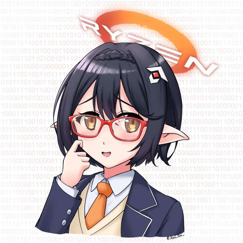 amd ayane_(blue_archive) black_hair blazer blue_archive braid collared_shirt glasses hair_ornament hairclip halo highres jacket kuni-kun necktie orange_necktie red-framed_eyewear shirt short_hair sweater_vest tagme white_shirt yellow_eyes