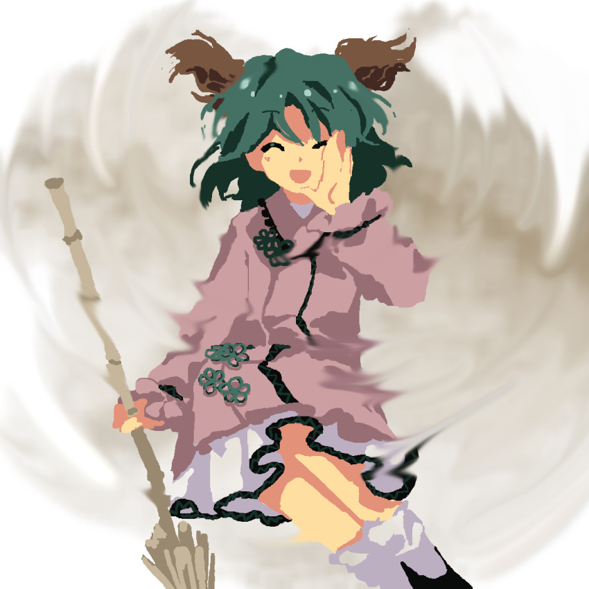 1girl animal_ears bamboo_broom black_footwear broom calling clogs coat commentary_request dress flat_chest frilled_sleeves frills highres holding holding_broom kaigen_1025 kasodani_kyouko long_sleeves medium_hair no_lineart open_mouth pink_coat sketch socks solo touhou white_dress white_socks