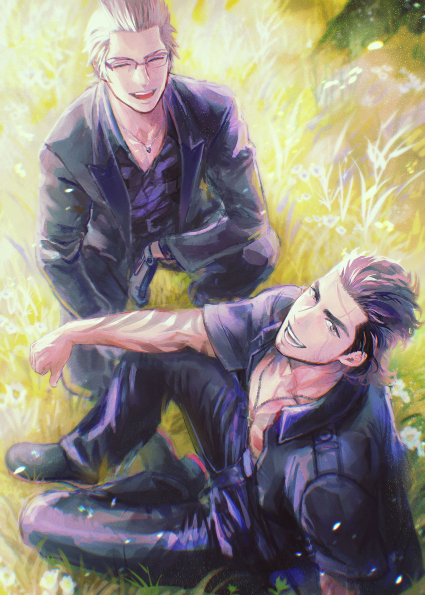 2boys arm_tattoo black_footwear black_gloves black_jacket black_pants black_shirt brown_eyes brown_hair chinstrap_beard closed_eyes facial_hair final_fantasy final_fantasy_xv from_above full_body gladiolus_amicitia gloves hair_slicked_back highres ignis_scientia jacket jewelry koro_mma long_sleeves looking_at_viewer male_focus multiple_boys necklace open_mouth outdoors pants scar scar_across_eye scar_on_face scar_on_forehead shirt short_hair short_sleeves sideburns sitting smile suit_jacket tattoo