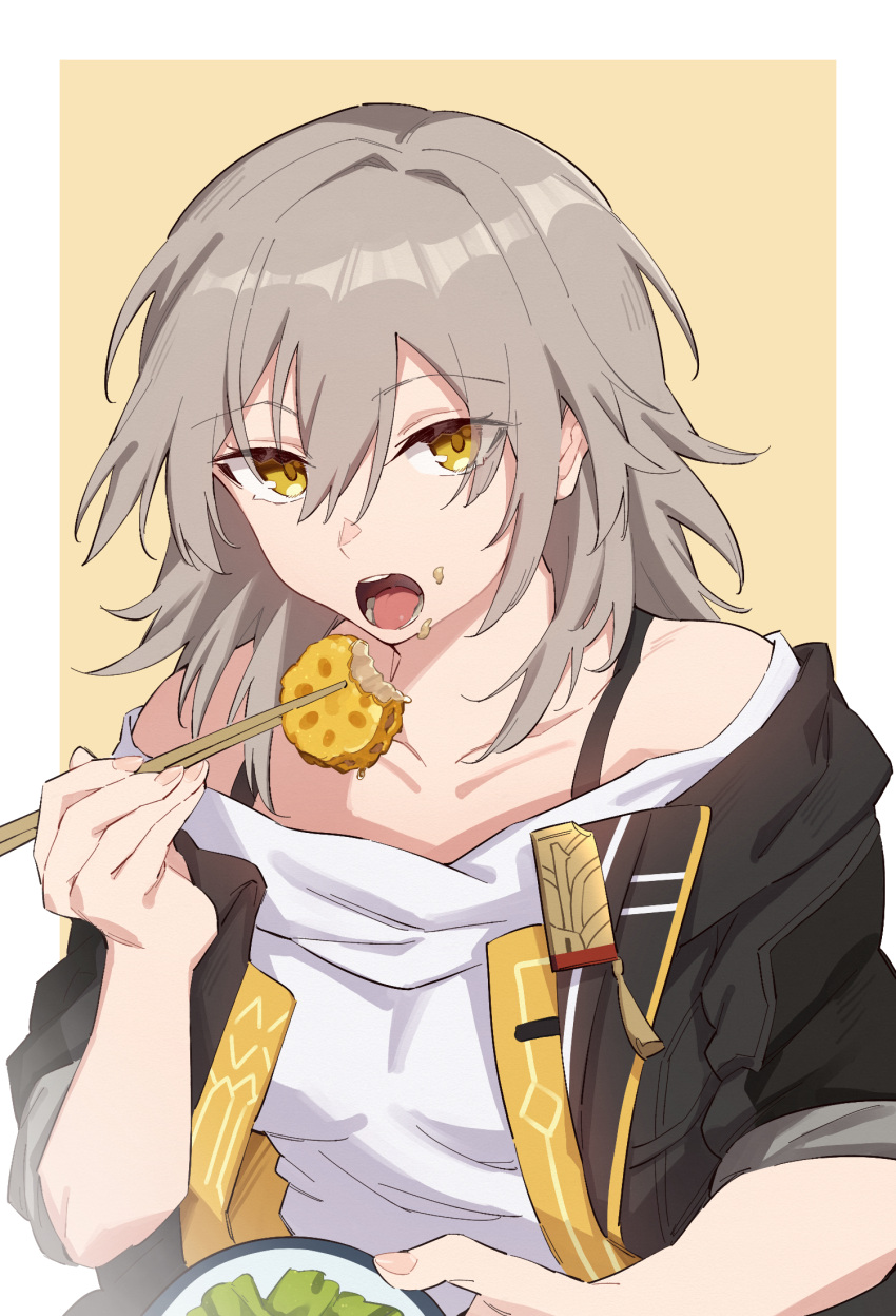 batatata77 black_jacket chopsticks eating food food_on_face genshin_impact grey_hair hair_between_eyes highres holding holding_chopsticks honkai:_star_rail honkai_(series) jacket looking_at_viewer medium_hair mihoyo open_mouth shirt simple_background stelle_(honkai:_star_rail) tank_top trailblazer_(honkai:_star_rail) upper_body white_background white_shirt yellow_eyes