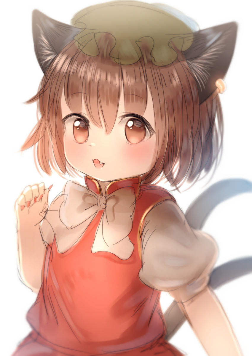 1girl :d absurdres bloom blush bow bowtie brown_eyes brown_hair cat_tail chen commentary_request fang fingernails flat_chest gold_trim green_headwear hair_between_eyes hand_up hat highres long_fingernails looking_at_viewer mob_cap multiple_tails nail_polish nekomata niwaniwatori open_mouth puffy_short_sleeves puffy_sleeves red_nails ribbon sharp_fingernails short_sleeves simple_background smile solo tail touhou two_tails upper_body white_background white_bow white_bowtie