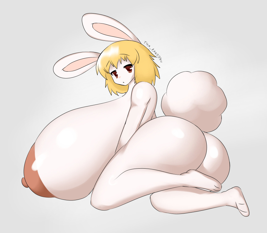 absurd_res anthro areola big_breasts big_butt blonde_hair breasts brown_eyes butt carrot_(one_piece) female fur hair hi_res huge_breasts huge_butt hyper hyper_breasts kneeling lagomorph leporid long_ears looking_at_viewer mammal nipples nude one_piece rabbit signature simple_background solo tail text tha_randomu white_body white_fur