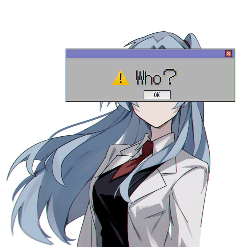 ! 1girl angela_(project_moon) black_vest chromatic_aberration coat collared_shirt covered_eyes dialogue_box error_message grey_hair hair_intakes highres lab_coat lapels lobotomy_corporation long_hair microsoft_windows mu46016419 necktie no_mouth no_nose one_side_up open_clothes open_coat project_moon red_necktie shirt simple_background solo upper_body vest white_background white_coat white_shirt