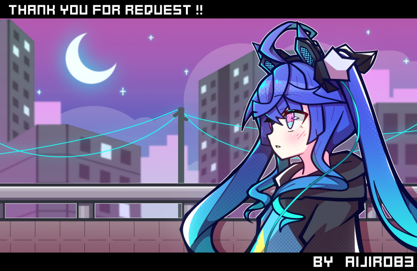 1girl aijiro83 animal_ears aqua_hair artist_name blue_hair blurry blurry_background building casual commentary_request commission crescent_moon depth_of_field ear_ornament english_text gradient_hair highres hood hood_down hoodie horse_ears horse_girl letterboxed long_hair looking_to_the_side moon multicolored_clothes multicolored_hair multicolored_hoodie night night_sky parted_lips partial_commentary power_lines purple_eyes skeb_commission sky solo star_(sky) starry_sky twin_turbo_(umamusume) twintails umamusume