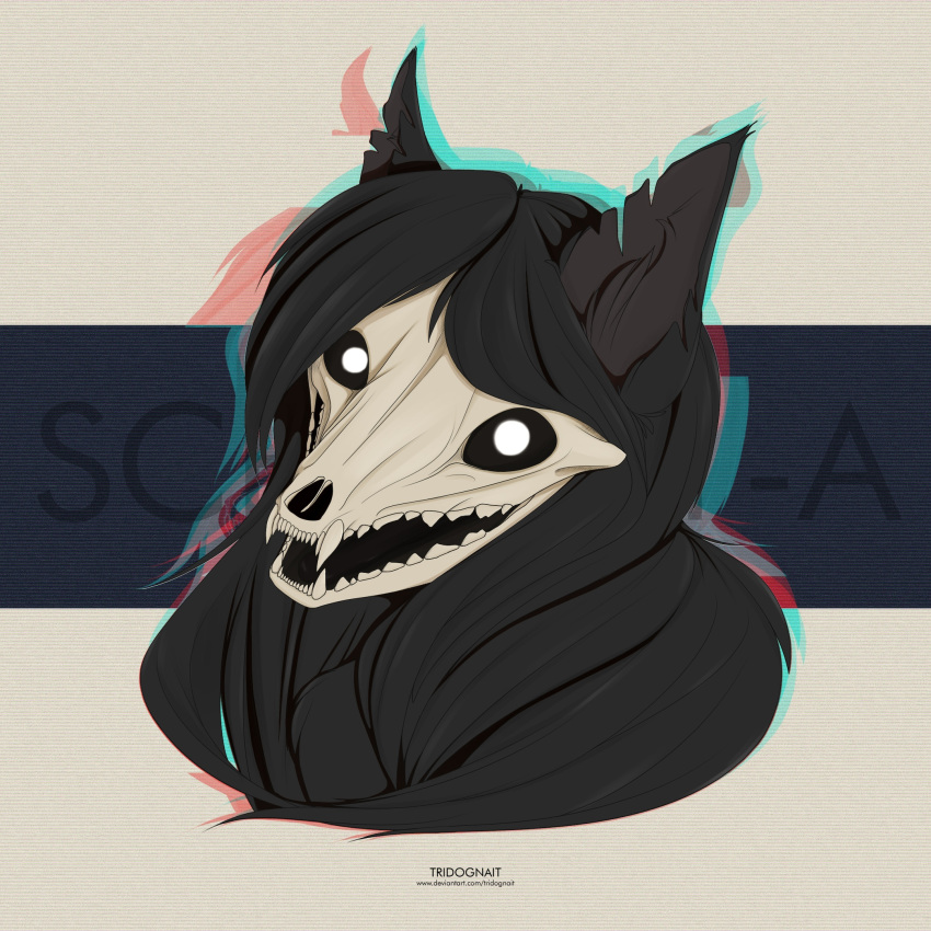 1:1 anthro black_body black_fur black_hair bone canid canine canis digital_media_(artwork) female fur hair hi_res looking_at_viewer mammal monster open_mouth scp-1471 scp-1471-a scp_foundation simple_background skull solo text tridognait undead url