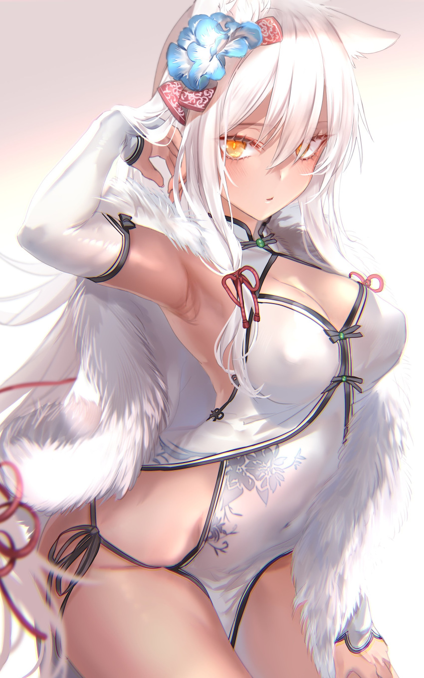 1girl absurdres animal_ears arched_back bangs black_panties blush breasts bright_pupils capelet cleavage cleavage_cutout covered_navel covered_nipples dark_skin dress elbow_gloves eyelashes flower fur_trim girls_frontline gloves hair_between_eyes hair_flower hair_ornament hair_ribbon highres large_breasts long_hair m590_(girls_frontline) panties parted_lips pottsness ribbon side-tie_panties side_slit sidelocks simple_background solo tress_ribbon underwear white_dress white_gloves white_hair yellow_eyes