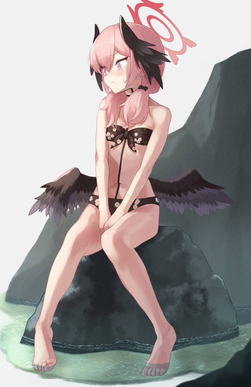 1girl absurdres bare_arms bare_legs bare_shoulders barefoot bikini black_bikini black_bow black_wings blue_archive bow breasts collarbone commentary_request embarrassed feet floral_print front-tie_bikini_top front-tie_top hair_bow halo head_wings highres koharu_(blue_archive) koharu_(swimsuit)_(blue_archive) legs low_wings medium_hair mutsuki_albino official_alternate_costume partial_commentary print_bikini red_halo sitting small_breasts solo swimsuit toenails toes wings