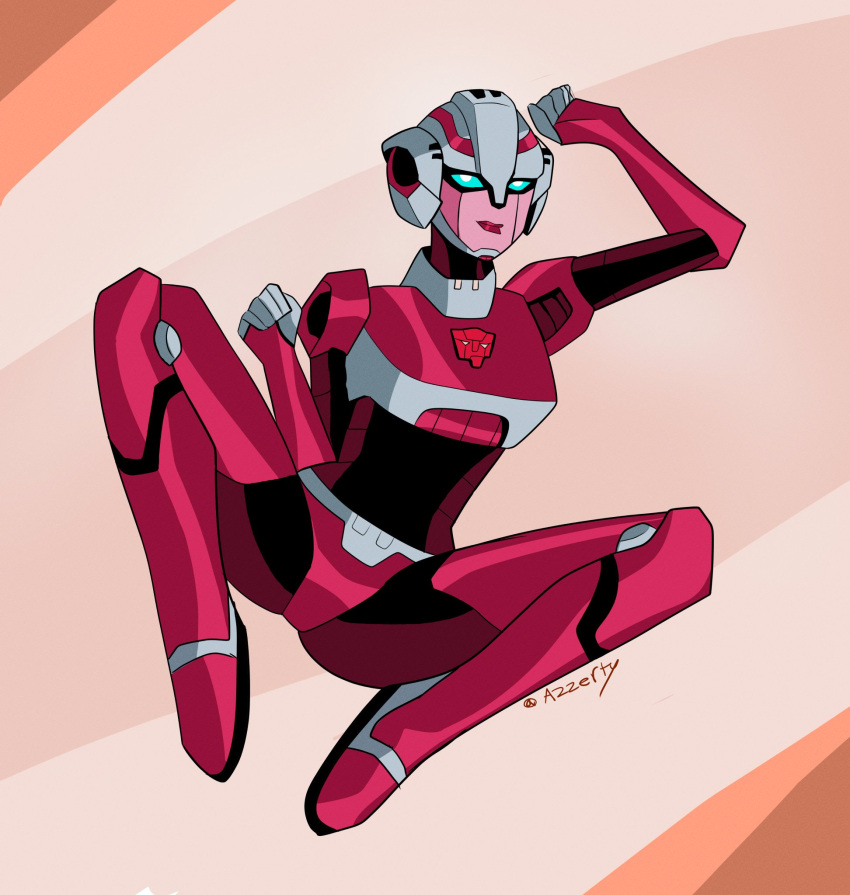 1girl arcee autobot azzertyimages blue_eyes boots breasts helmet highres humanoid_robot medium_breasts pink_lips robot robot_girl science_fiction solo spread_legs transformers transformers_animated