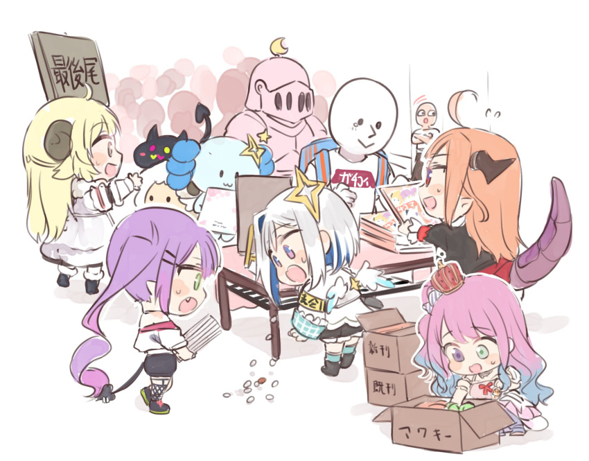 5girls ahoge amane_kanata amane_kanata_(1st_costume) angel_wings armband armor axolotl backpack bag bibi_(tokoyami_towa) black_footwear black_jacket black_shorts black_skirt blonde_hair blue_hair blue_socks bob_cut book boots box candy_hair_ornament cardboard_box chibi colored_inner_hair crescent crescent_hat_ornament crown demon_girl demon_tail dragon_girl dragon_horns dragon_tail dress fang fishnet_thighhighs fishnets flying_sweatdrops food-themed_hair_ornament full_armor fur-trimmed_boots fur-trimmed_dress fur_trim gradient_hair gradient_wings green_eyes grey_hair hair_ornament hairclip half_updo halo hat_ornament heterochromia highres himemori_luna himemori_luna_(1st_costume) holding holding_book holding_sign holoforce hololive horns isuka jacket kiryu_coco kiryu_coco_(1st_costume) long_hair luknight_(himemori_luna) multicolored_hair multicolored_wings multiple_girls off-shoulder_dress off_shoulder one_side_up open_mouth orange_hair pink_armor pink_dress pink_hair purple_eyes purple_hair queue red_eyes red_skirt ryoushi_chicken_soup_grass_big_chungus sheep sheep_girl sheep_horns shirt shoes short_hair shorts sideways_mouth sign single_hair_intake skirt sneakers socks star_halo sweatdrop table tail tearing_up thigh_strap thighhighs tokoyami_towa tokoyami_towa_(1st_costume) translation_request tsunomaki_watame tsunomaki_watame_(1st_costume) twintails upao_(amane_kanata) virtual_youtuber watamate wavy_hair white_dress white_jacket white_shirt white_wings wings