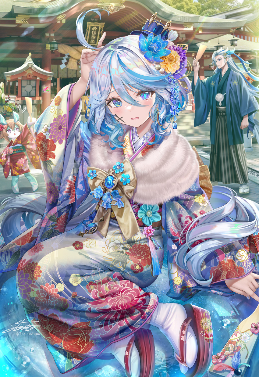 1boy 2girls ahoge blue_eyes blue_hair blue_headwear blue_kimono blush breasts flower fur_collar furina_(genshin_impact) genshin_impact hair_flower hair_ornament hat highres japanese_clothes kimono light_blue_hair long_hair long_sleeves looking_at_viewer melusine_(genshin_impact) multicolored_hair multiple_girls neuvillette_(genshin_impact) small_breasts streaked_hair top_hat torino_aqua vision_(genshin_impact) white_hair wide_sleeves