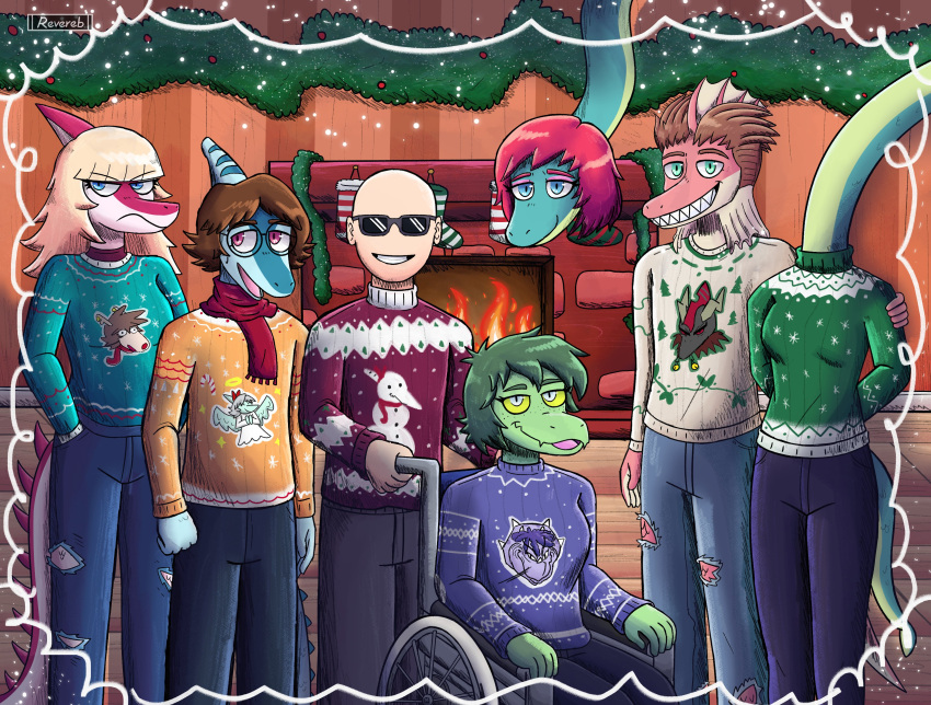 5_fingers absurd_res amber_(snoot_game) anthro bald baryonyx benjamin_mcknight blonde_hair blue_body blue_eyes blue_scales bottomwear brachiosaurid brachiosaurus breasts brown_hair christmas christmas_clothing christmas_decorations christmas_stocking christmas_sweater christmas_topwear clothing colored damien_(iwhtg) denim denim_bottomwear denim_clothing dilophosaurid dilophosaurus dinosaur eyewear female fingers frill_(anatomy) frown glasses goodbye_volcano_high green_body green_hair green_scales grey_eyes grin group hadrosaurid hair hand_in_pocket hi_res holidays human hybrid i_wani_hug_that_gator inco_(iwhtg) jeans liz_farlane long_tail looking_at_viewer male mammal membrane_(anatomy) membranous_frill mia_(iwhtg) olivia_(iwhtg) ornithischian pants parasaurolophus pink_body pink_scales pockets pupils purple_eyes red_hair reptile ripley_(snoot_game) rsbr sauropod scales scalie sitting slit_pupils smile snoot_game snout spiked_tail spikes spikes_(anatomy) spinosaurid spinosaurus sunglasses sweater tail theropod topwear torn_bottomwear torn_clothing torn_jeans torn_pants trish_(gvh) wheelchair yellow_sclera