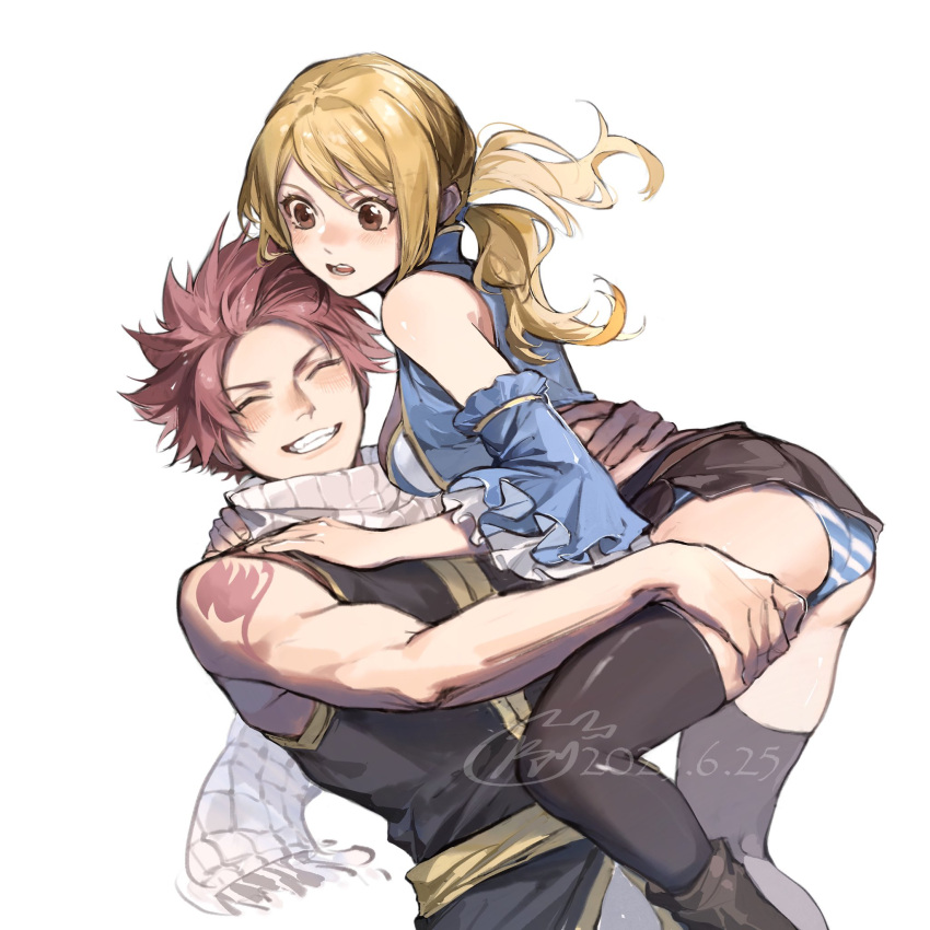 1boy 1girl bare_arms belt black_coat black_footwear black_skirt black_thighhighs blonde_hair blush brown_belt brown_eyes clenched_teeth closed_eyes coat colored_skin crop_top detached_sleeves fairy_tail furrowed_brow high_collar highres hug jyukawa leg_grab long_hair looking_at_another low_twintails lucy_heartfilia miniskirt natsu_dragneel pants pink_hair rubber_band scarf short_hair shoulder_tattoo skirt sleeveless sleeveless_coat smile tattoo teeth thighhighs toned toned_male twintails underwear white_background white_pants white_scarf white_skin