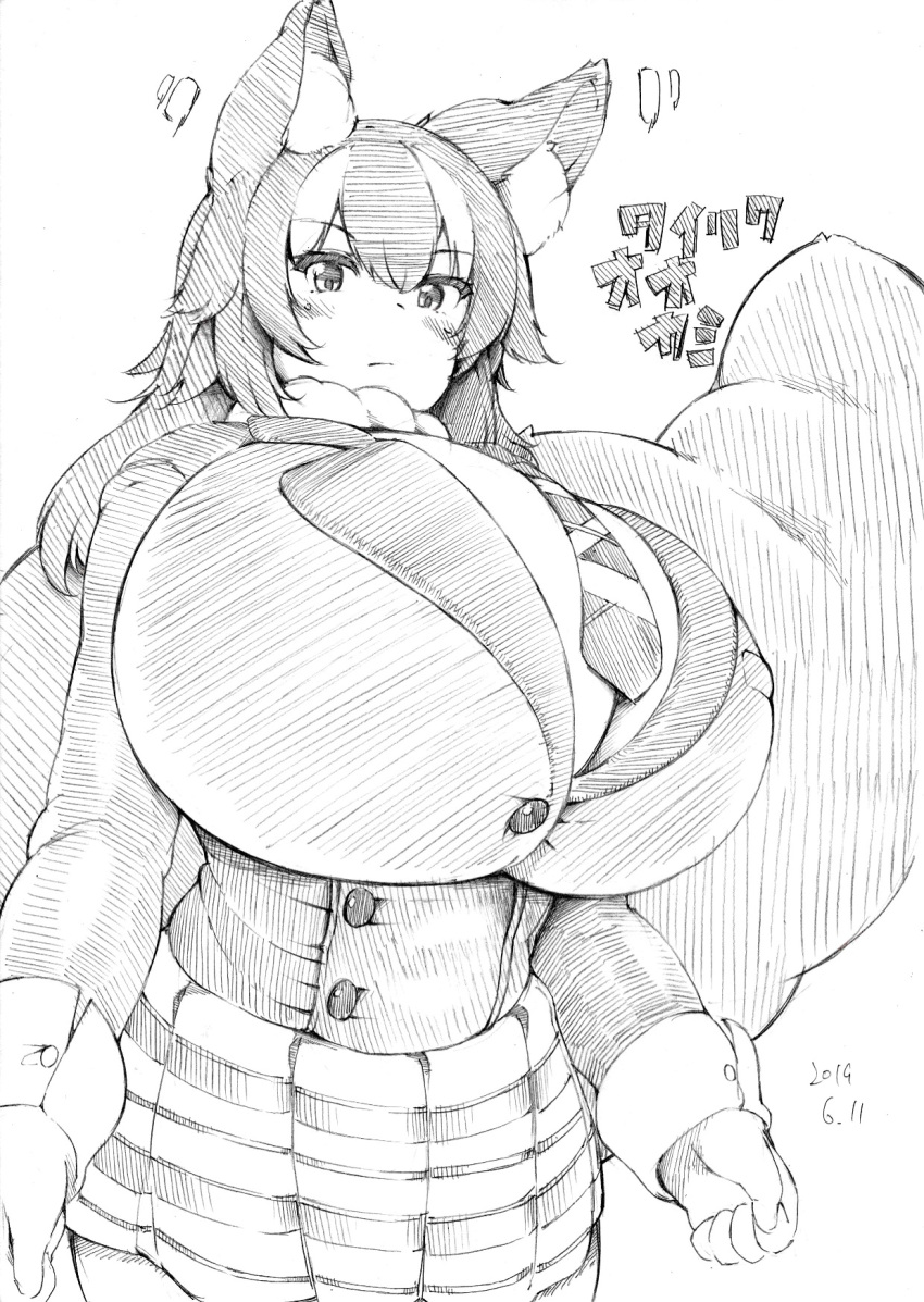 animal_humanoid big_breasts big_tail black_and_white black_hair bottomwear breasts canid canid_humanoid canine canine_humanoid clothed clothing dress_shirt female fully_clothed graphite_(artwork) grey_wolf_(kemono_friends) hair hi_res huge_breasts humanoid inner_ear_fluff kemono_friends looking_at_viewer mammal mammal_humanoid monochrome neck_tuft necktie pencil_(artwork) shirt skirt solo standing tight_clothing toka_(mauru) topwear traditional_media_(artwork) tuft wolf_humanoid
