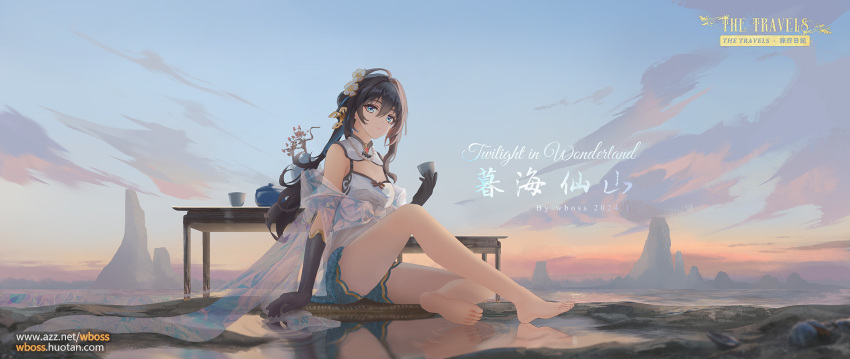 1girl barefoot black_gloves black_hair blue_eyes blue_shorts blue_sky cloud cup elbow_gloves evening flower gloves gradient_sky hair_flower hair_ornament highres holding holding_cup honkai:_star_rail honkai_(series) looking_at_viewer on_ground orange_sky outdoors plant potted_plant puddle reflection reflective_water ruan_mei_(honkai:_star_rail) shirt shorts sky solo table water wboss white_shirt