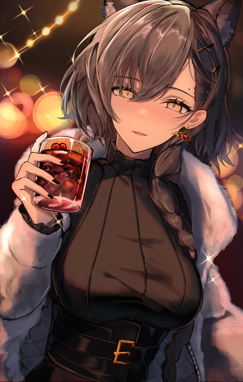 1girl absurdres alcohol animal_ear_fluff animal_ear_piercing animal_ears arknights asymmetrical_bangs asymmetrical_hair belt belt_buckle black_belt black_corset black_nails blurry blurry_background blush bokeh braid braided_ponytail breasts brown_hair brown_sweater buckle christmas christmas_lights cinnamon_stick commentary corset cranberry cup depth_of_field drink drinking_glass drunk dutch_angle earrings extra_ears eyelashes fingernails food fruit fur_jacket glass gluhwein hair_between_eyes hair_flowing_over hair_ornament hair_over_one_eye hairclip hand_up highres holding holding_cup holding_drink ice ice_cube jacket jewelry large_breasts layered_sleeves lemon lemon_slice lips long_hair long_sleeves looking_at_viewer mo_komo_momo mole mole_above_eye mulled_wine nail_polish official_alternate_costume open_clothes open_jacket parted_lips penance_(arknights) penance_(occasionally_flushed)_(arknights) piercing red_wine ribbed_sweater side_braid single_braid single_earring smile solo sparkle standing straight-on sweater turtleneck turtleneck_sweater underbust upper_body very_long_hair white_jacket wine wolf_ears wolf_girl yellow_eyes