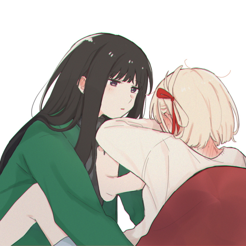 2girls barefoot black_hair blonde_hair blush cardigan commentary_request ear_blush embarrassed green_cardigan grey_sweater hair_ribbon highres inoue_takina light_blush long_hair looking_at_another lycoris_recoil multiple_girls neck_blush nishikigi_chisato one_side_up parted_lips purple_eyes red_ribbon ribbon short_hair sidelocks simple_background sweater white_background white_sweater yarou_(0tyaro) yuri