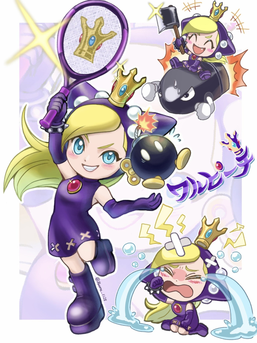 1girl artist_name axe bandaid bandaid_on_face bandaid_on_forehead blonde_hair blue_eyes bob-omb boots bracelet brooch bullet_bill closed_eyes commentary_request crossed_bandaids crown crying dress elbow_gloves gloves grin highres holding holding_axe holding_tennis_racket hooded_dress jewelry long_hair mario_(series) mario_power_tennis mario_tennis multiple_views open_mouth purple_dress purple_footwear purple_gloves sleeveless sleeveless_dress smile spiked_bracelet spikes streaming_tears suruga_kanade tears teeth warupeach