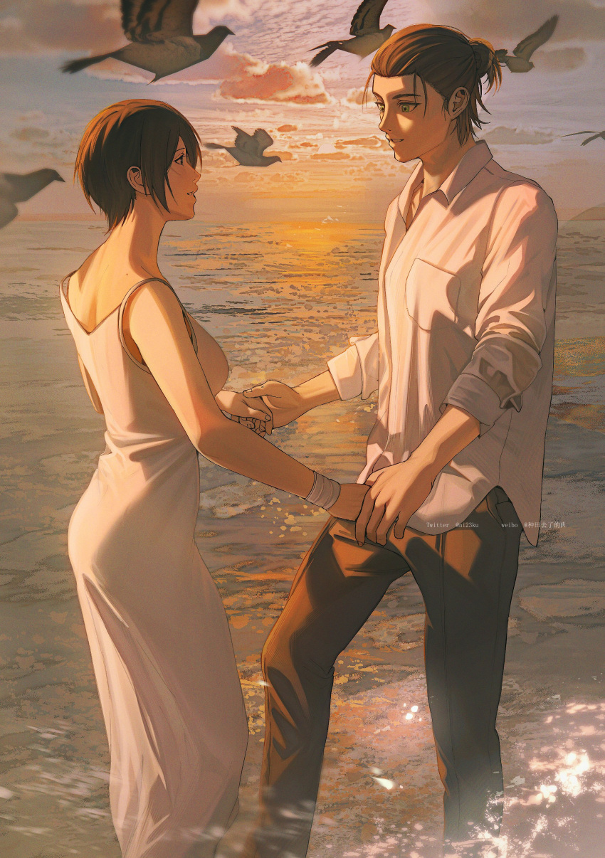 1boy 1girl absurdres bare_shoulders bird black_hair blue_eyes breasts brown_hair cloud cloudy_sky collared_shirt commentary couple dress english_commentary eren_yeager eye_contact hair_pulled_back highres holding_hands horizon large_breasts long_dress looking_at_another mikasa_ackerman niku_(ni23ku) ocean outdoors pants parted_lips scar scar_on_face shingeki_no_kyojin shirt short_hair sky smile spaghetti_strap standing sunset twitter_username water white_dress white_shirt