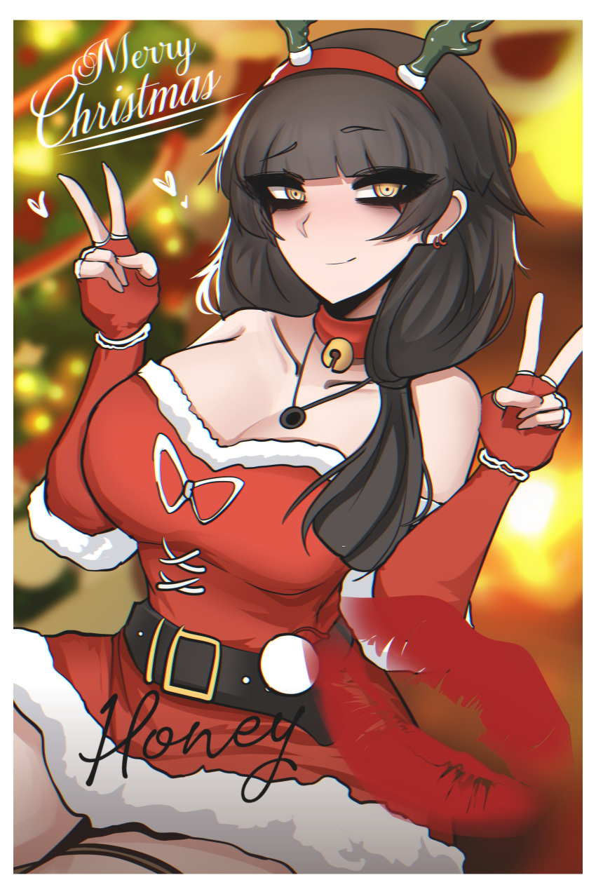 1girl absurdres antlers bell belt black_belt black_eyeshadow black_hair blurry blurry_background borrowed_character breasts christmas_tree closed_mouth dress earrings elbow_gloves eyeshadow fake_antlers fingerless_gloves fur-trimmed_dress fur_trim gloves heart highres jewelry lipstick_mark long_hair makeup merry_christmas mikuneki neck_bell necklace original red_gloves reindeer_antlers short_dress sleeveless sleeveless_dress solo strapless strapless_dress yellow_eyes