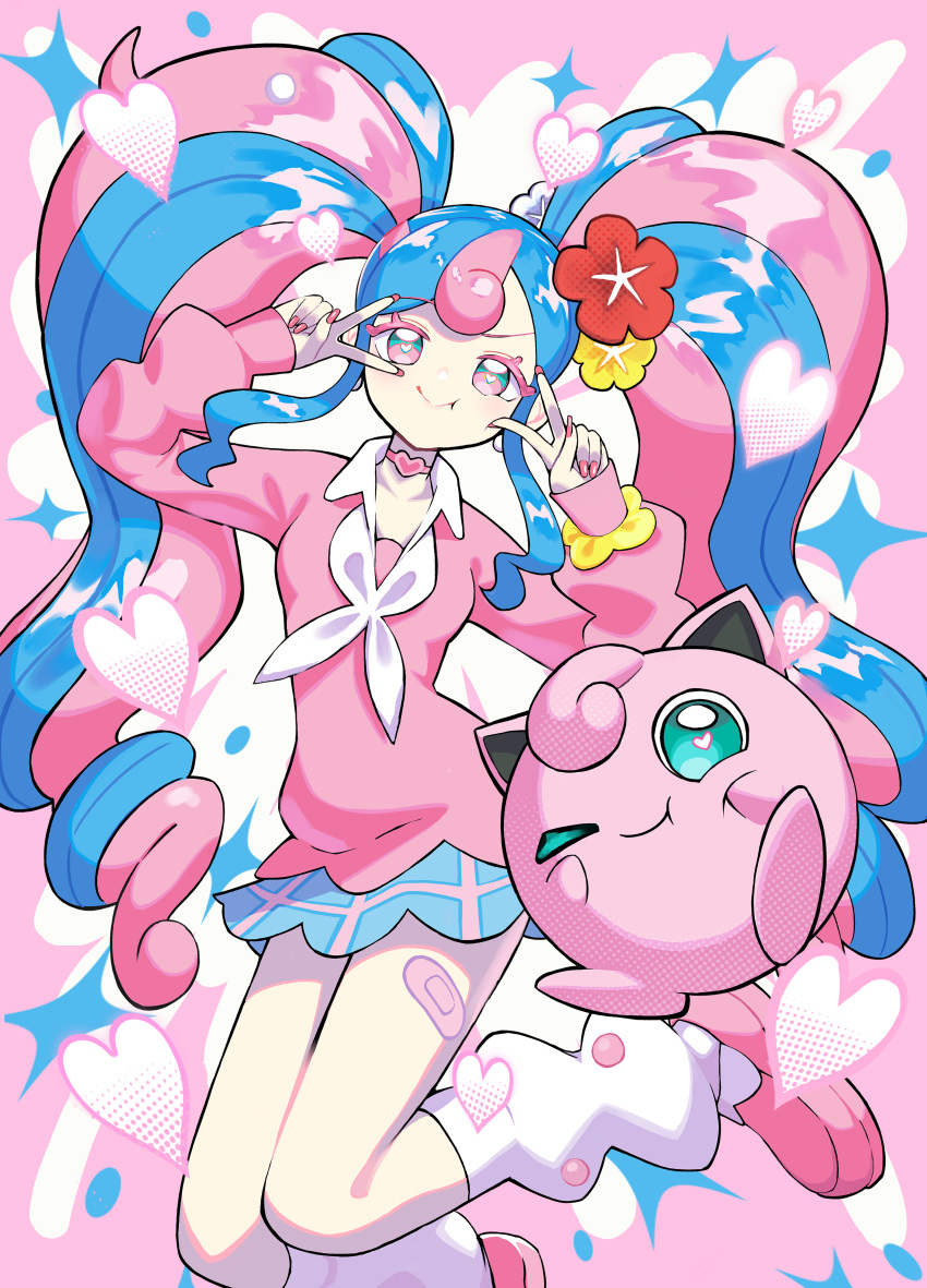 1girl absurdres blue_skirt cardigan choker earrings fairy_miku_(project_voltage) flower hair_flower hair_ornament hatsune_miku heart heart_choker highres jewelry jigglypuff leg_warmers long_hair looking_at_viewer multicolored_hair nail_polish one_eye_closed pink_cardigan pink_footwear pink_nails pokemon pokemon_(creature) project_voltage riki_(rikixriki07) scrunchie skirt twintails two-tone_hair v very_long_hair vocaloid wrist_scrunchie