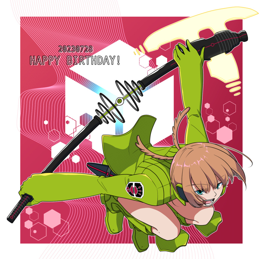 1girl axe battle_axe blue_eyes blue_jacket boots brown_hair dated dual_wielding energy_axe feather_hair floating_clothes floating_hair from_above full_body gloves glowing glowing_weapon green_footwear green_gloves happy_birthday headphones highres holding holding_polearm holding_weapon jacket jumping knee_boots konami_kirie light_brown_hair naenokyuuri_(truchmobis) outside_border outstretched_arms polearm power_suit red_background short_hair smile solo uniform weapon world_trigger