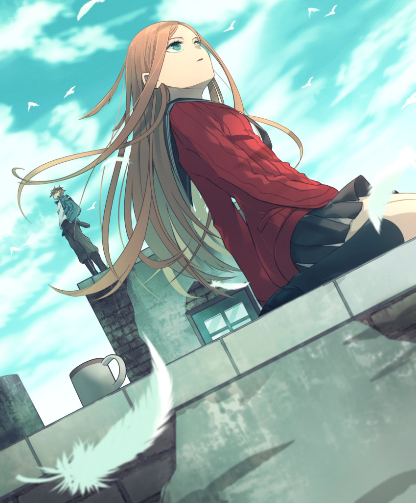 1boy 1girl bird black_footwear black_necktie black_sailor_collar black_skirt black_socks blue_eyes blue_jacket blue_sky boots brick_wall brown_hair cup day dutch_angle eyelashes feathers floating_hair from_side grey_pants highres jacket jin_yuuichi kneehighs konami_kirie long_hair long_sleeves looking_ahead looking_to_the_side miniskirt morita_yuu necktie pants parted_lips pleated_skirt red_sweater rooftop sailor_collar school_uniform serafuku shirt short_hair sitting skirt sky socks standing sweater wariza white_shirt wind window world_trigger