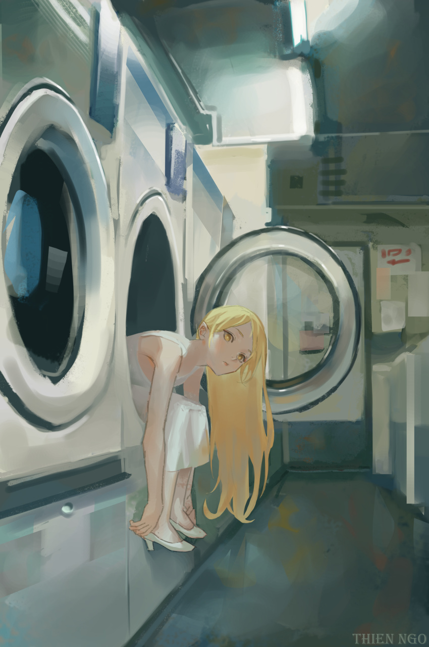 1girl absurdres artist_name blonde_hair blush closed_mouth commentary dress english_commentary high_heels highres indoors kiss-shot_acerola-orion_heart-under-blade kizumonogatari laundromat long_hair looking_at_viewer monogatari_(series) oshino_shinobu parted_bangs sitting sleeveless sleeveless_dress solo thien_ngo washing_machine white_dress white_footwear yellow_eyes