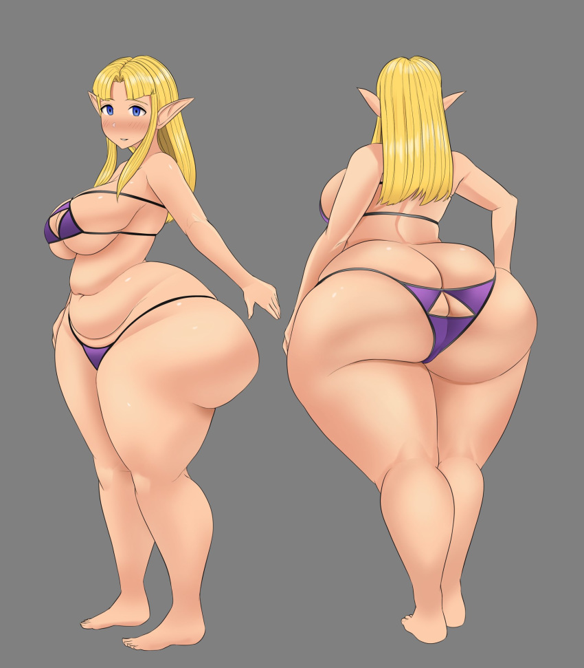 belly big_butt bikini blonde_hair blue_eyes blush breasts butt clothing female hair hi_res huge_butt humanoid hylian midriff mostly_nude nintendo not_furry overweight princess_zelda simple_background solo super_smash_bros. super_smash_bros._ultimate swimwear the_legend_of_zelda thick_thighs unknown_artist video_games wide_hips