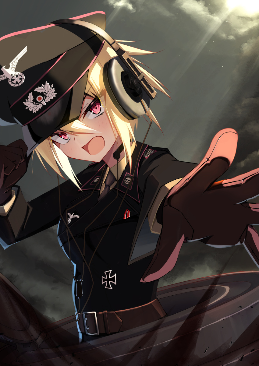 1girl absurdres adjusting_clothes adjusting_headwear belt blonde_hair brown_gloves cross epaulettes gloves hat headphones highres iron_cross jiseki_rena looking_at_viewer military_uniform nazi necktie open_mouth original peaked_cap reaching red_eyes reichsadler rena_(jiseki_rena) short_hair solo sunlight throat_microphone totenkopf tsurime uniform white_background