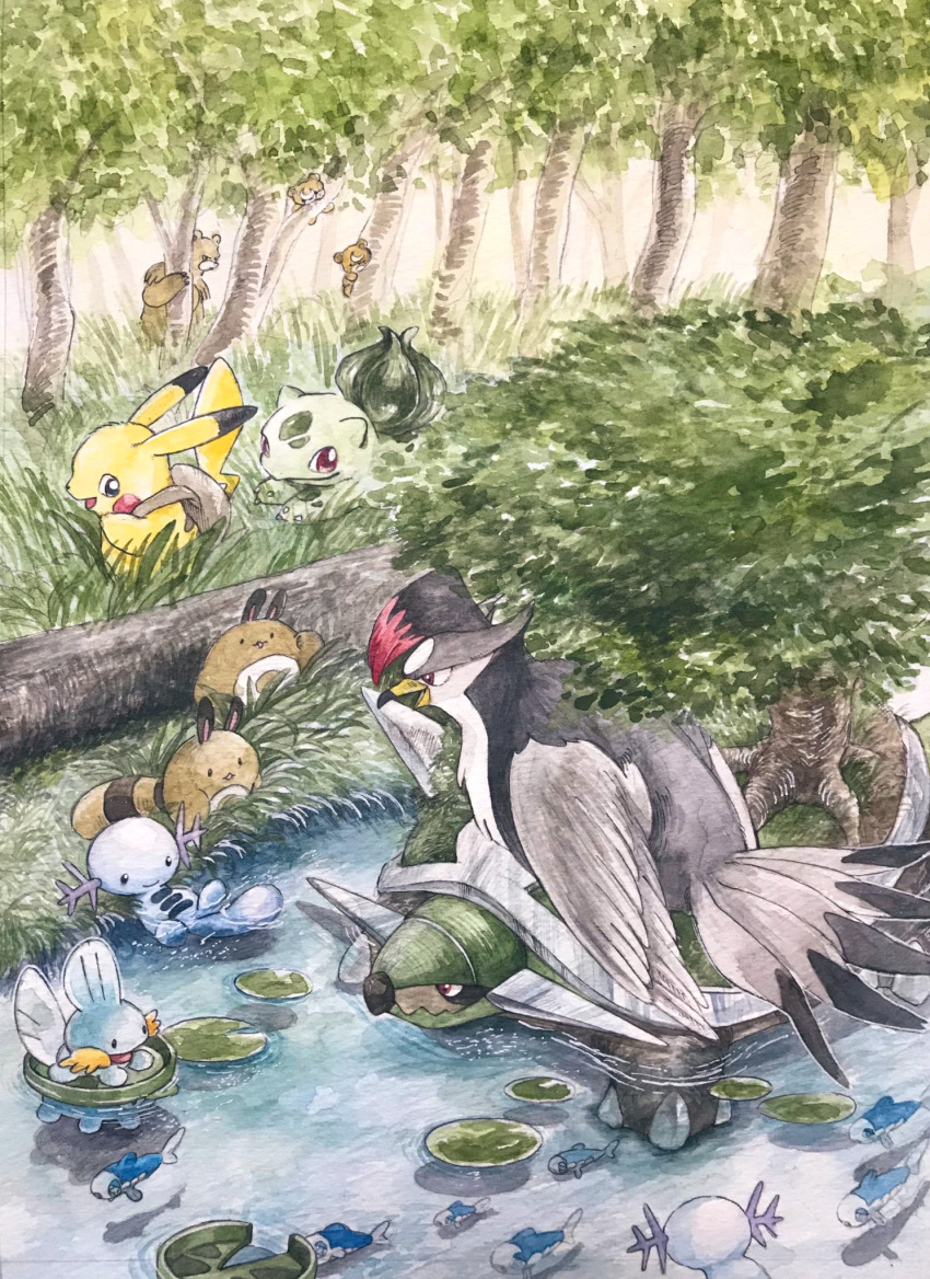 animal_focus beak bear bird bulbasaur commentary_request feathered_wings fins fish forest head_fins highres leaf lily_pad mint_nappa mudkip nature no_humans open_mouth pikachu pokemon pokemon_(creature) red_eyes river sentret solid_oval_eyes staraptor tail teddiursa torterra tree ursaring water wings wishiwashi wishiwashi_(solo) wooper