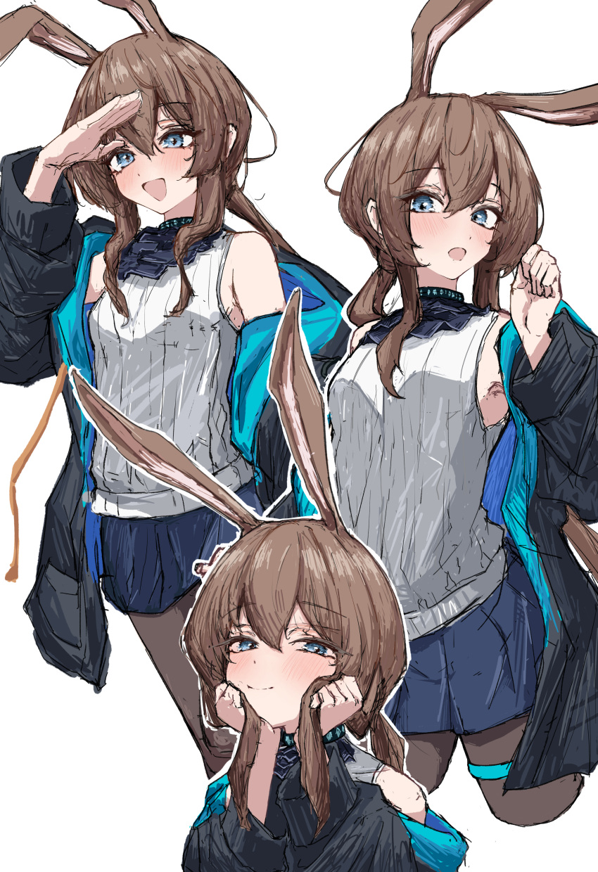 1girl :d :o absurdres amiya_(arknights) animal_ears arknights armpit_crease ascot bare_shoulders black_choker black_coat black_pantyhose blue_ascot blue_eyes blue_skirt blush breasts brown_hair choker closed_mouth coat commentary contrapposto cowboy_shot cropped_legs feet_out_of_frame flustered from_side hair_between_eyes hair_flowing_over half-closed_eyes hand_on_own_forehead hand_up hands_in_own_hair hands_on_own_cheeks hands_on_own_face hands_up happy highres infection_monitor_(arknights) long_hair long_sleeves looking_afar looking_ahead looking_at_viewer looking_to_the_side low_ponytail miniskirt multiple_views off_shoulder open_clothes open_coat open_mouth outline pantyhose pleated_skirt pocket rabbit_ears rabbit_girl ribbed_sweater shadow sideboob sidelocks simple_background skirt sleeveless sleeveless_sweater small_breasts smile standing sweater thighlet tobildesu turning_head two-sided_coat two-sided_fabric upper_body very_long_hair white_background white_outline white_sweater wide_sleeves