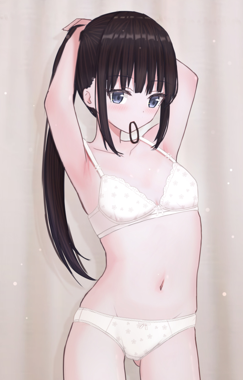 1girl armpits arms_up black_eyes black_hair bow bow_panties bra commentary_request cowboy_shot crotch_seam groin hair_tie_in_mouth highres light_blush long_hair looking_at_viewer mouth_hold navel original panties partial_commentary ponytail print_bra print_panties shooko solo standing straight_hair tying_hair underwear underwear_only white_bra white_panties