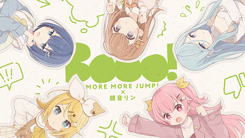 ! 5girls :o :t anger_vein animal_hair_ornament blank_thought_bubble blonde_hair blue_eyes blue_hair blush_stickers bob_cut bow braid bright_pupils brown_hair brown_overalls buttoned_cuffs cat_hair_ornament center-flap_bangs character_name circle_formation clenched_hands closed_mouth collared_shirt colored_text colorful_palette commentary_request cross-shaped_pupils dated_commentary dress flying_sweatdrops grey_outline group_name hair_bow hair_ornament hairclip hanasato_minori hand_on_own_hip highres hinomori_shizuku jacket kagamine_rin kiritani_haruka lapel_pin lapels light_blue_hair long_hair long_sleeves looking_at_viewer momoi_airi more_more_jump!_(project_sekai) more_more_jump!_rin multiple_girls neck_ribbon notched_lapels notice_lines official_art open_clothes open_jacket open_mouth outline overalls penguin_hair_ornament peter_pan_collar pink_eyes pink_hair pink_jacket project_sekai puffy_long_sleeves puffy_sleeves ribbon shirt side_braid simple_background single_braid skirt spoken_exclamation_mark symbol-shaped_pupils two_side_up upper_body upside-down wavy_hair white_background white_bow white_dress white_pupils white_shirt white_skirt yellow_ribbon