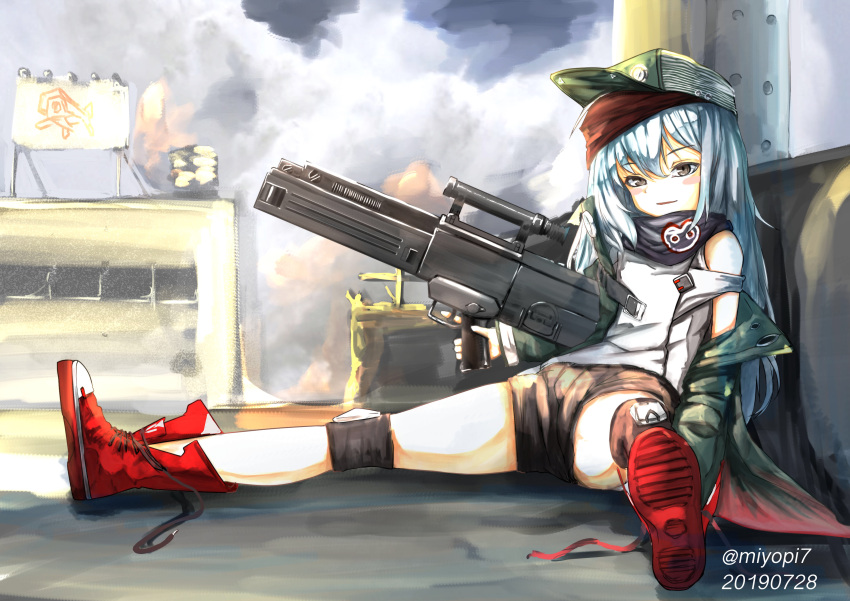 1girl absurdres assault_rifle blush_stickers brown_eyes city commentary_request dated full_body g11_(girls'_frontline) girls'_frontline green_headwear green_jacket grey_hair gun h&amp;k_g11 hair_between_eyes hat highres holding holding_gun holding_weapon jacket knee_pads long_hair miyopiwi parted_lips red_footwear rifle scarf_on_head shirt sitting solo twitter_username weapon white_shirt