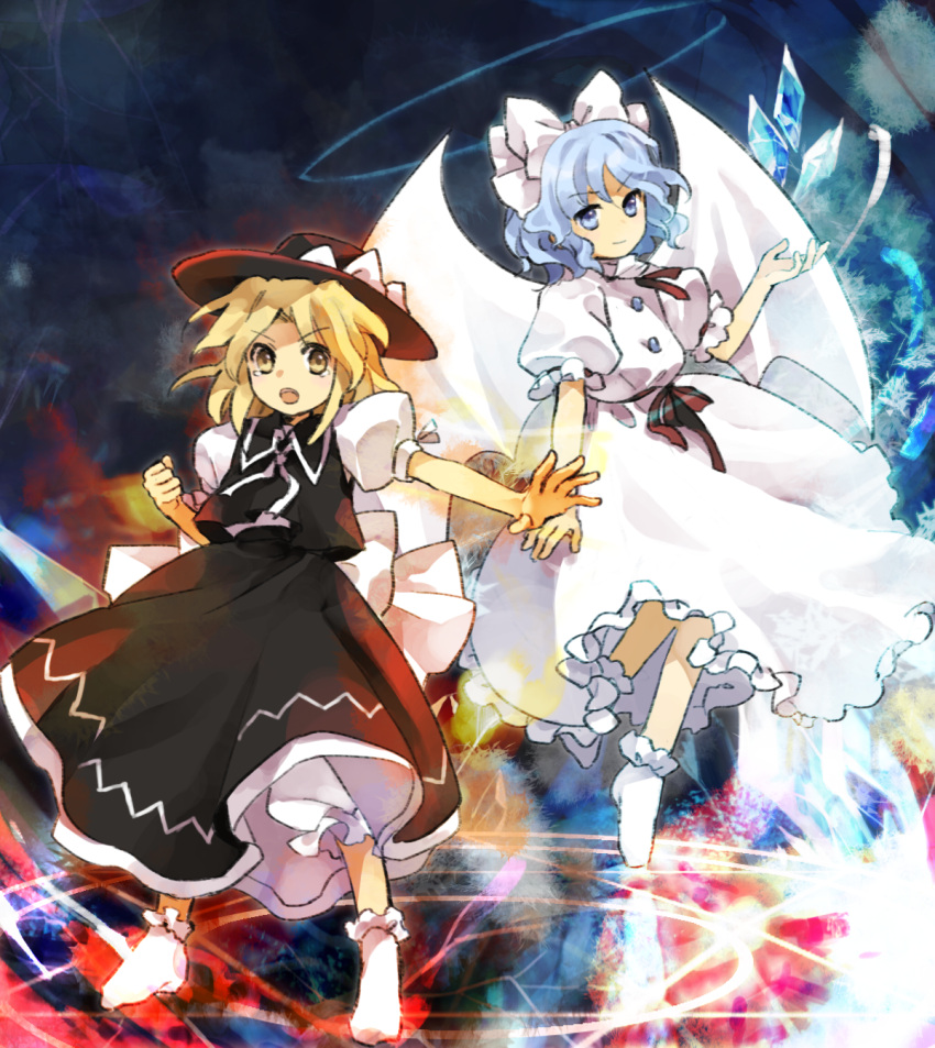 2girls bat_wings black_headwear black_skirt black_vest blonde_hair bloomers blue_eyes blue_hair closed_mouth commentary_request cryokinesis dress frilled_dress frilled_sleeves frills hair_ribbon hat highres kaigen_1025 light_blue_hair mai_(touhou) medium_hair multiple_girls neck_ribbon no_shoes open_mouth puffy_short_sleeves puffy_sleeves ribbon shirt short_sleeves skirt smile socks tearing_up touhou touhou_(pc-98) v-shaped_eyebrows vest white_bloomers white_dress white_ribbon white_shirt white_socks white_wings wings yellow_eyes yuki_(touhou)