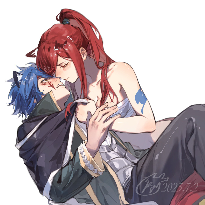 1boy 1girl animal_ears arm_tattoo bare_arms bare_shoulders biting_own_lip black_cape black_pants blue_hair blush breasts cape cat_ears chest_sarashi cleavage colored_skin erza_scarlet facial_tattoo fairy_tail fairy_tail_logo green_jacket half-closed_eyes high_collar high_ponytail highres imminent_kiss jacket jellal_fernandes jyukawa long_hair lying_on_person pants red_eyes red_hair red_pants sarashi shirt shirt_grab short_hair simple_background surprised tattoo teeth white_background white_skin