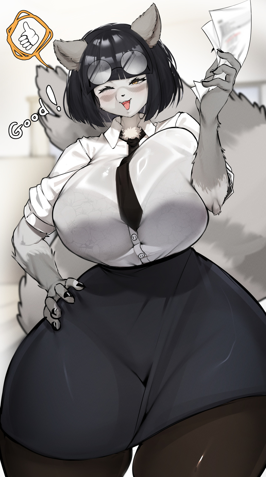 1girl absurdres black_hair black_nails bob_cut bra_visible_through_clothes breasts commentary_request curvy english_text eyewear_on_head furry furry_female glasses grey_fur highres huge_breasts kantan korean_commentary office office_lady one_eye_closed original pantyhose plump round_eyewear shirt skirt wide_hips yellow_eyes