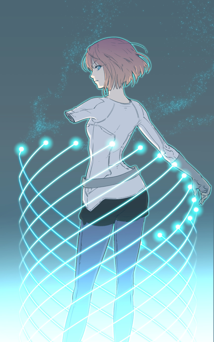 1girl amputee black_shorts blue_eyes bob_cut brown_hair commentary_request cube dust energy_ball energy_weapon feet_out_of_frame floating_hair from_behind gloves glowing gradient_background grey_gloves highres light_particles looking_back nasu_rei nasu_squad's_uniform outstretched_arm pantyhose parted_lips profile shirt shorts sideways_glance sjw_kazuya skin_tight solo uniform white_shirt world_trigger