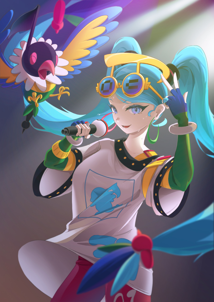 1girl absurdres baggy_clothes blue_eyes blue_gloves blue_hair bracelet chatot earrings fingerless_gloves firanstill1 gloves green_sleeves hashtag_only_commentary hatsune_miku highres holding holding_microphone hoop_earrings jewelry layered_sleeves long_hair long_sleeves looking_at_viewer microphone mismatched_earrings multicolored_sleeves normal_miku_(project_voltage) official_alternate_costume open_mouth pants pokemon pokemon_(creature) project_voltage red_pants round_eyewear shirt short_over_long_sleeves short_sleeves twintails v very_long_hair vocaloid white_shirt yellow_sleeves