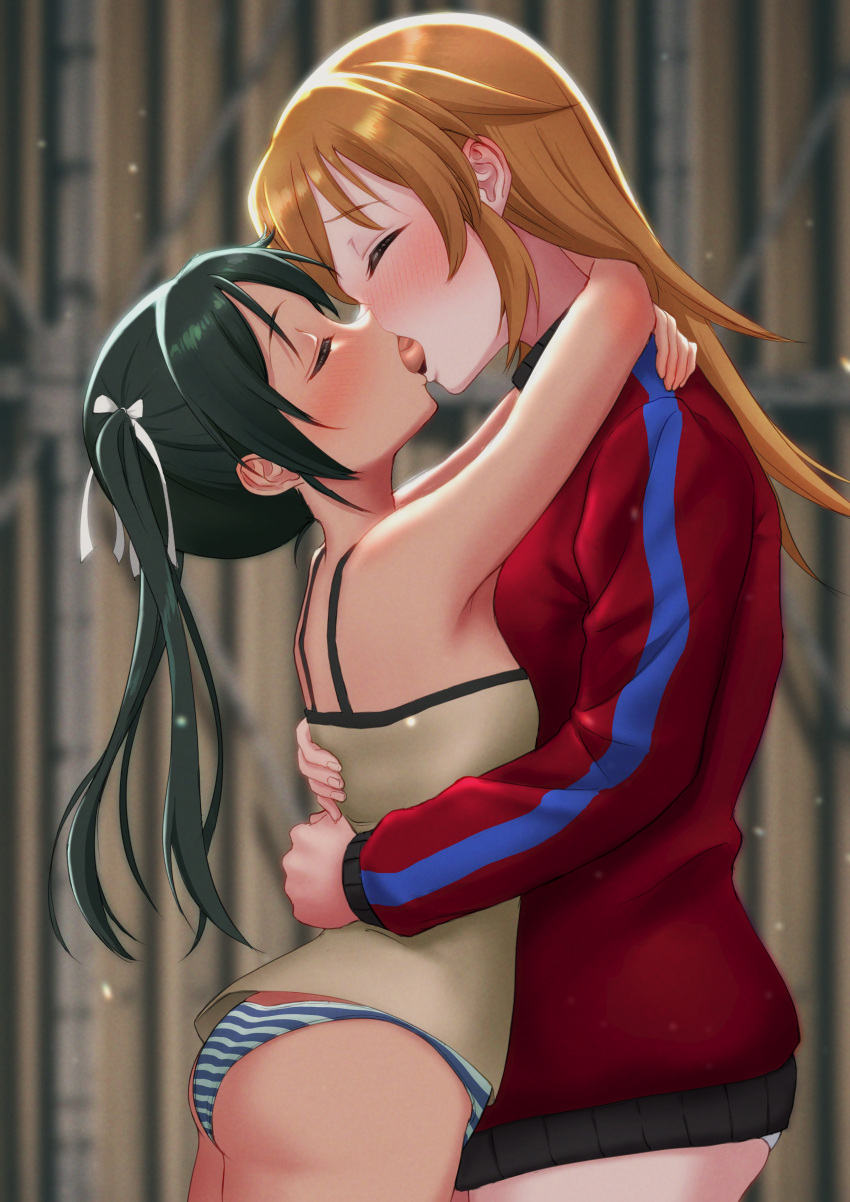 2girls absurdres ass blonde_hair blush breasts charlotte_e._yeager closed_eyes francesca_lucchini french_kiss green_hair hair_ribbon highres hug jacket kiss kuroniko long_hair multiple_girls panties ribbon small_breasts strike_witches striped striped_panties tongue track_jacket twintails underwear white_panties world_witches_series yuri