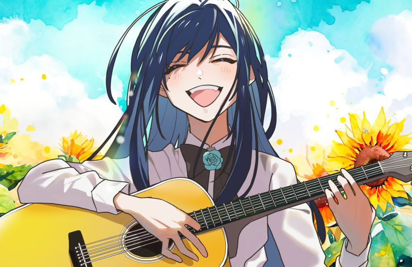 1girl ado_(utaite) black_bow black_bowtie blue_flower blue_hair blue_rose blush bow bowtie chando_(ado) closed_eyes cloud_nine_inc collared_shirt colored_inner_hair commentary_request day facing_viewer field flower flower_brooch flower_field hair_between_eyes highres himawari_(ado) long_hair long_sleeves mole mole_under_eye multicolored_hair music open_mouth outdoors playing_guitar riseno rose shirt sidelocks singing sky solo sunflower sunflower_field teeth two-tone_hair upper_teeth_only utaite white_shirt