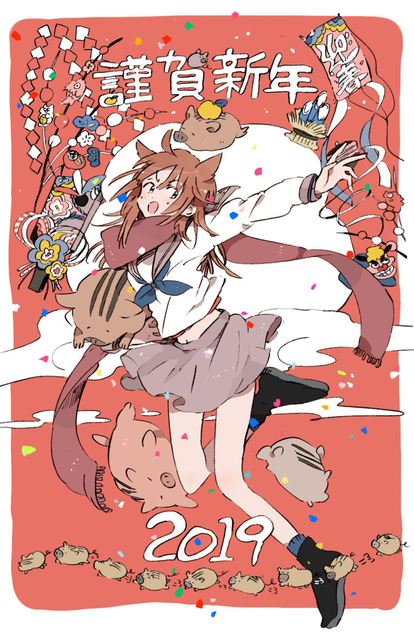 1girl 2019 ahoge ankle_socks bamboo black_footwear blue_neckerchief blue_socks blush_stickers boots border chinese_zodiac cloud collared_shirt commentary_request confetti fringe_trim full_body grey_sailor_collar grey_skirt h_kawa hair_ears highres leg_up long_hair long_sleeves midriff miniskirt navel neckerchief new_year open_mouth orange_background orange_hair original outstretched_arm pig pleated_skirt red_scarf sailor_collar sailor_shirt scarf school_uniform shide shirt skirt smile socks solo sun v-shaped_eyebrows white_border white_shirt white_sleeves year_of_the_pig
