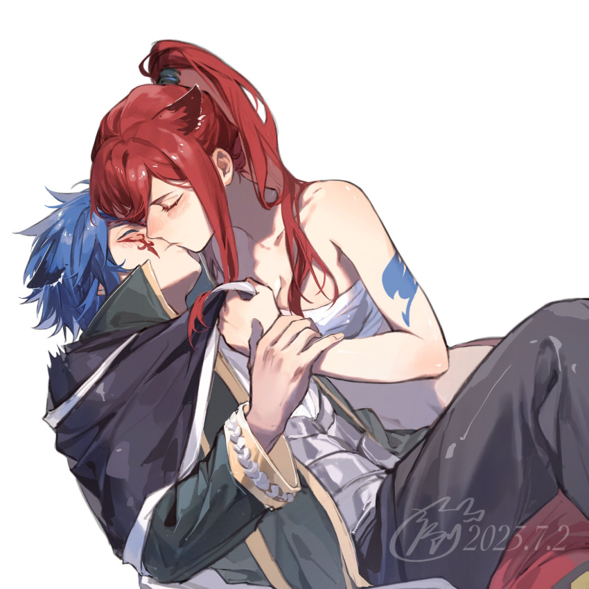 1boy 1girl animal_ears arm_tattoo bare_arms bare_shoulders biting_own_lip black_cape black_pants blue_hair blush breasts cape cat_ears chest_sarashi cleavage closed_eyes colored_skin erza_scarlet facial_tattoo fairy_tail fairy_tail_logo green_jacket hand_grab high_collar high_ponytail highres jacket jellal_fernandes jyukawa kiss long_hair lying_on_person pants red_eyes red_hair red_pants sarashi shirt shirt_grab short_hair simple_background surprised tattoo teeth white_background white_skin