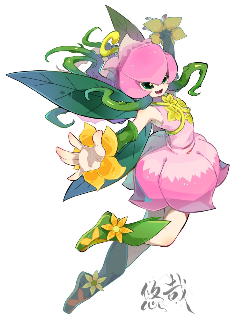1girl :d boots detached_sleeves digimon digimon_(creature) dress fang fingernails flat_chest flower footwear_flower full_body green_eyes green_footwear green_sleeves green_wings highres leaf_wings leg_up lilimon monster_girl nail_polish no_nose open_mouth outstretched_arms pink_dress pink_nails plant plant_girl simple_background sleeveless sleeveless_dress smile solo spread_arms thorns vines white_background wings youzaiyouzai112
