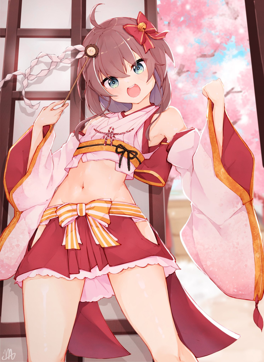 1girl ahoge blue_eyes breasts brown_hair cherry_blossoms crop_top cropped_kimono day detached_sleeves flat_chest highres hololive indoors japanese_clothes kimono long_hair looking_at_viewer ma_draws natsuiro_matsuri natsuiro_matsuri_(new_year) navel official_alternate_costume open_mouth pink_sleeves red_skirt skirt smile virtual_youtuber white_kimono